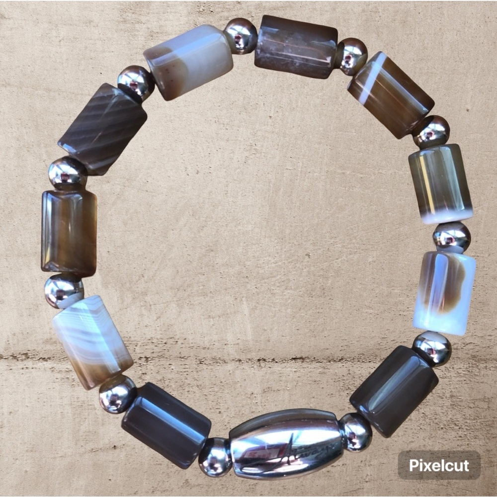 🤎 Brown Agate & Stainless Stretch Beaded Bracelet 🤎
